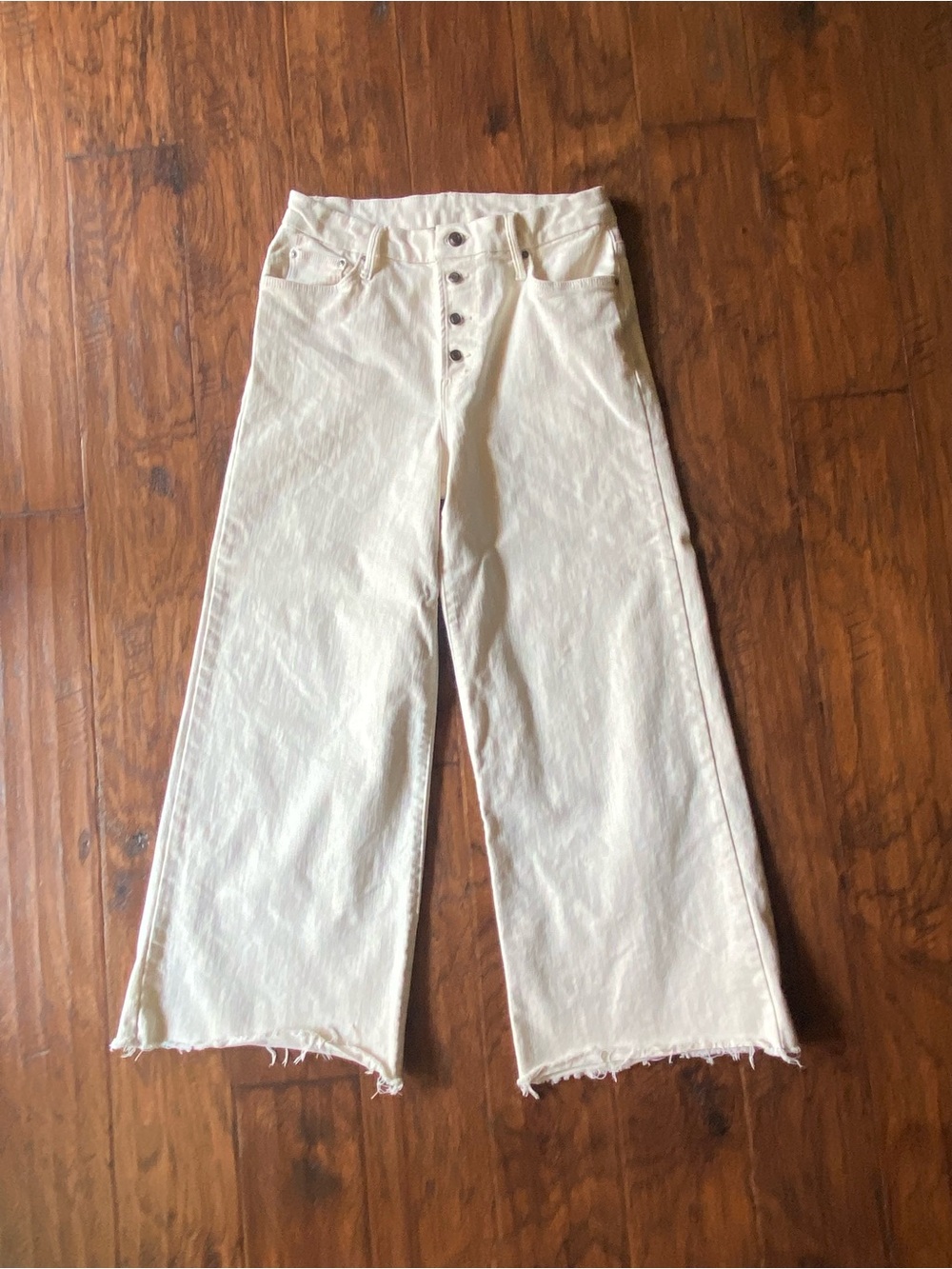 High-Rise Wide Leg Jeans in Off-White with Button-Fly